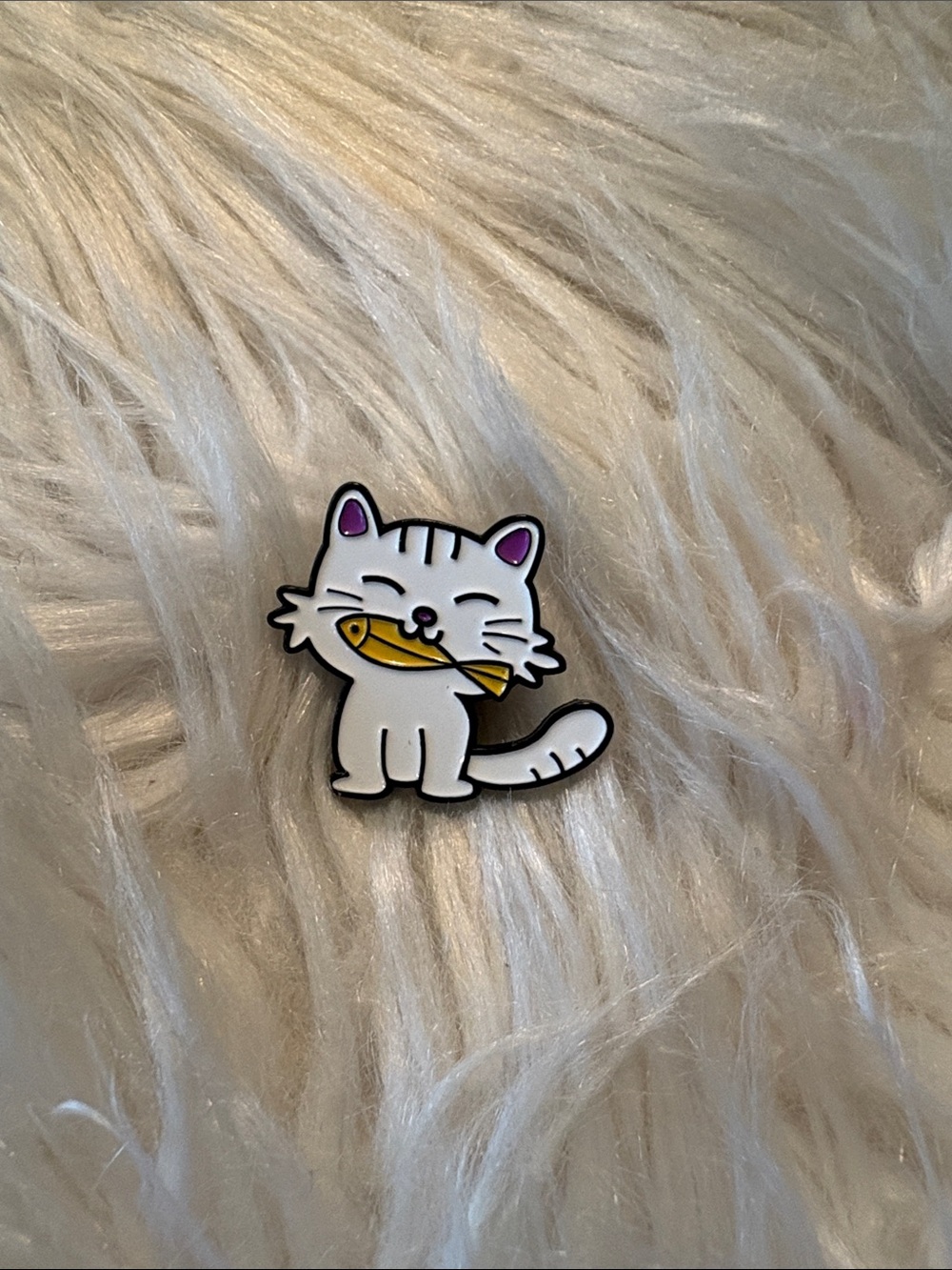 White Cat Enamel Pin with Fish - Cute Cat Accessory